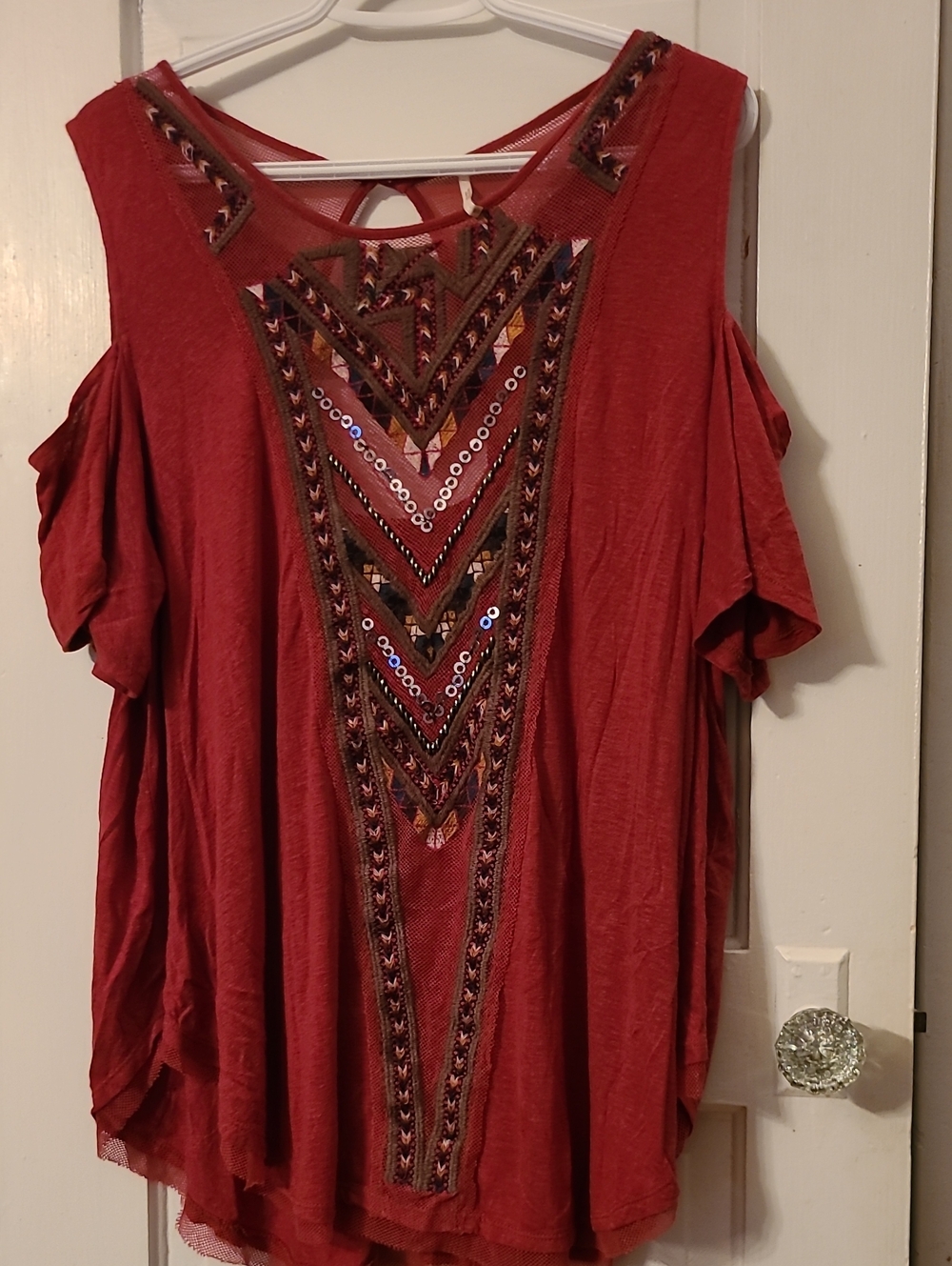 Embroidered Free People Cold-Shoulder Women's Top - Red